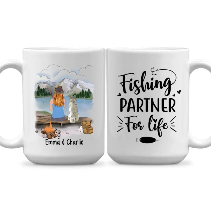 Personalized Mug, Fishing Woman With Dogs, Gift For Fishers And Dog Lovers