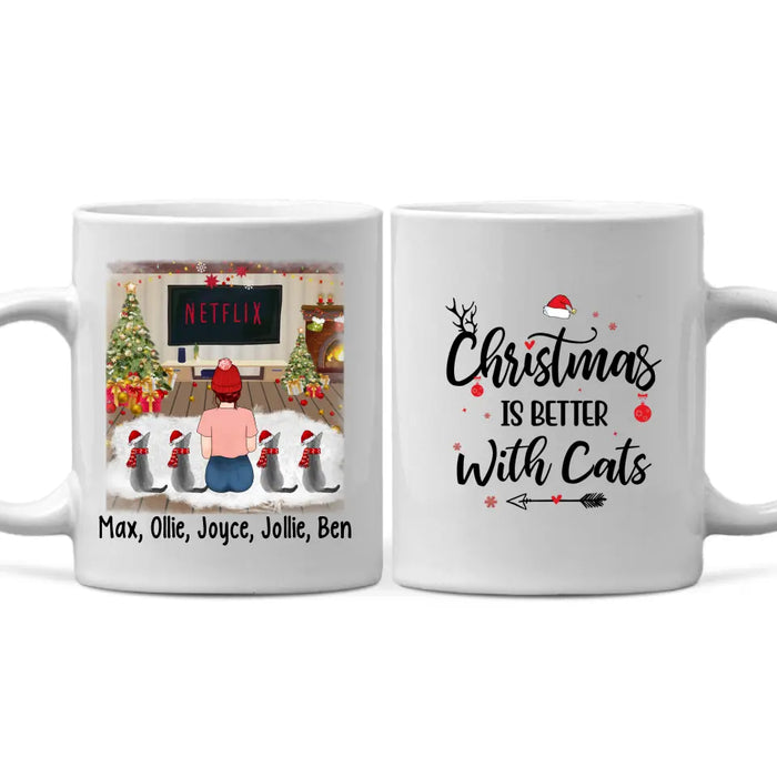 Personalized Mug, Christmas Girl And Cats, Gift For Cat Lovers