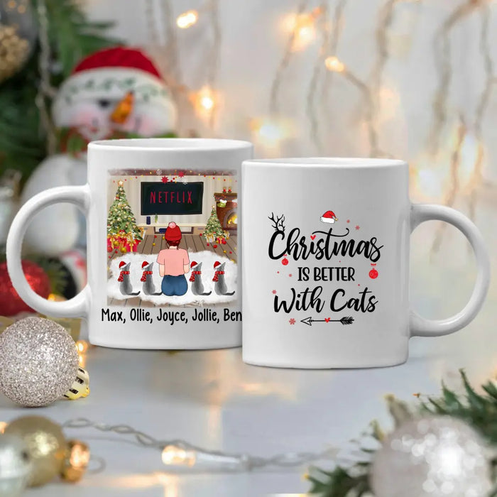 Personalized Mug, Christmas Girl And Cats, Gift For Cat Lovers