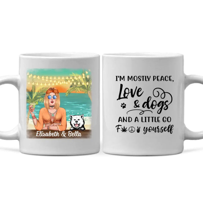 Personalized Mug, Hippie Girl with Dogs On The Beach, Gifts For Hippie and Dog Lovers