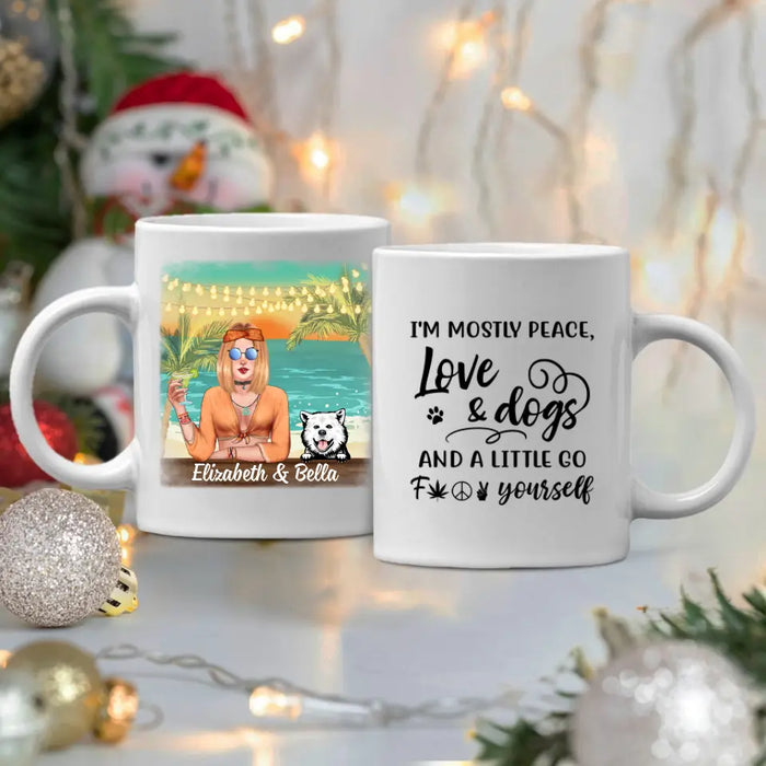 Personalized Mug, Hippie Girl with Dogs On The Beach, Gifts For Hippie and Dog Lovers