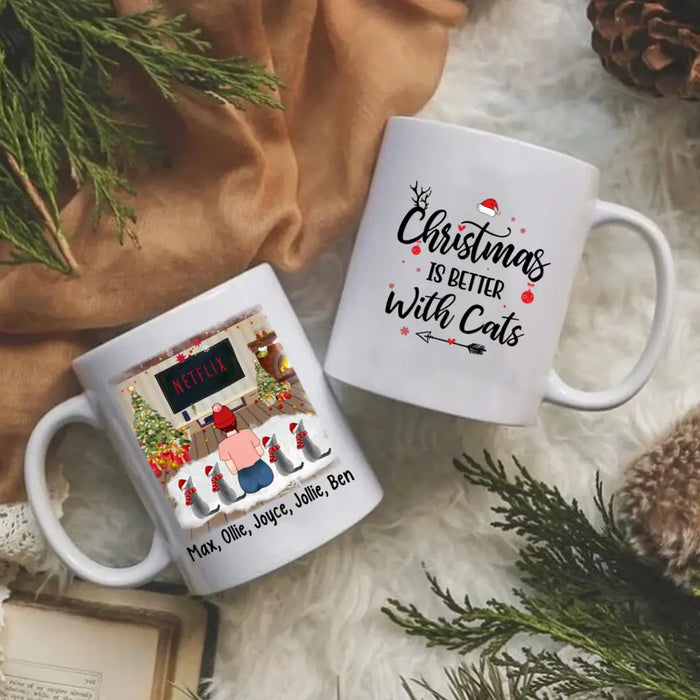 Personalized Mug, Christmas Girl And Cats, Gift For Cat Lovers