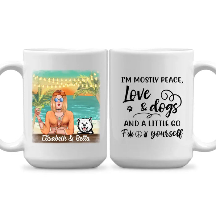 Personalized Mug, Hippie Girl with Dogs On The Beach, Gifts For Hippie and Dog Lovers