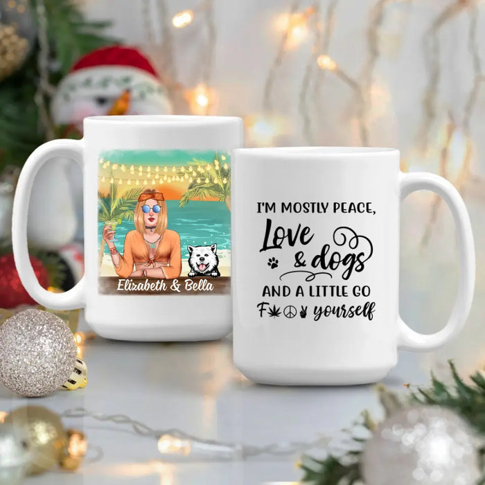 Personalized Mug, Hippie Girl with Dogs On The Beach, Gifts For Hippie and Dog Lovers