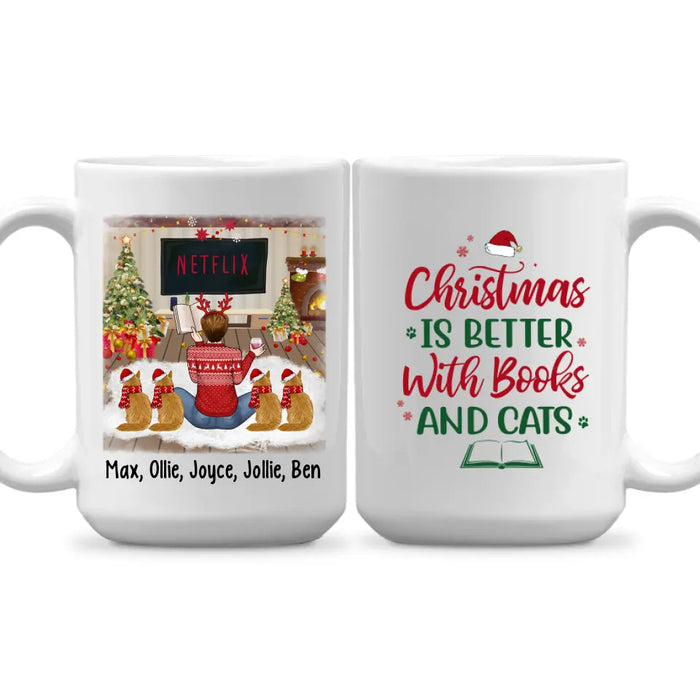 Personalized Mug, Christmas Is Better With Books And Cats, Christmas Gift For Book Lovers And Cat Lovers