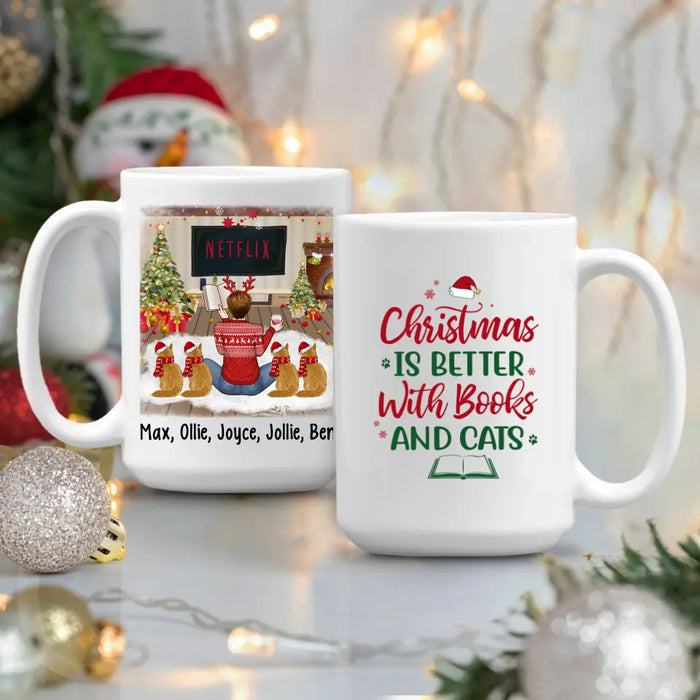 Personalized Mug, Christmas Is Better With Books And Cats, Christmas Gift For Book Lovers And Cat Lovers