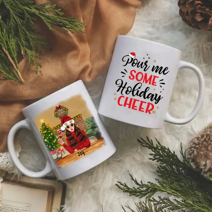 Personalized Mug, Pour Me Some Holiday Cheer, Girl Drinking Christmas Theme, Christmas Gift For Wine Lovers