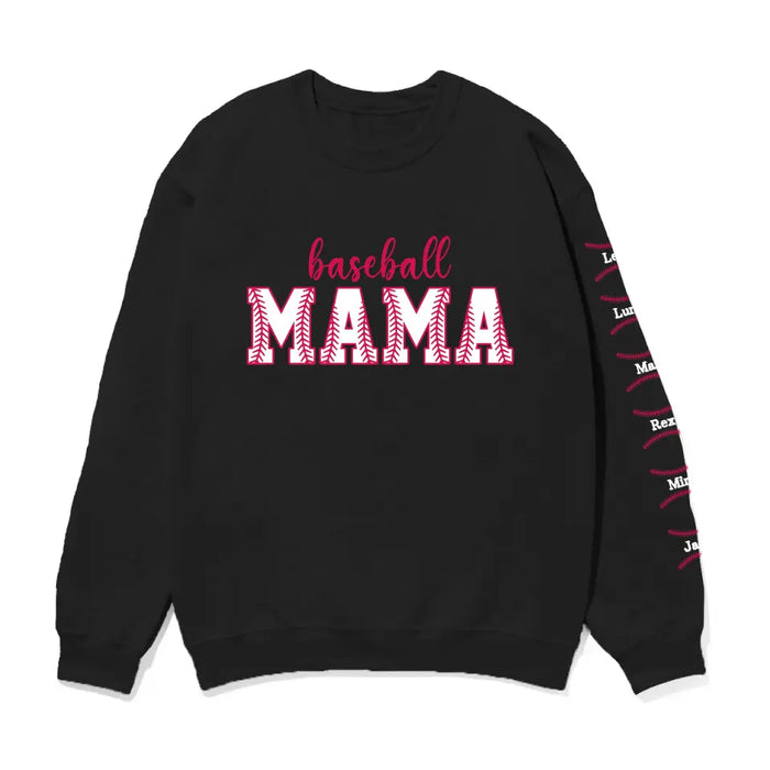 Baseball Mama with Kid Names on Sleeve - Personalized Gifts Custom Sweatshirt for Mom, Baseball Lovers, Mother's Gift