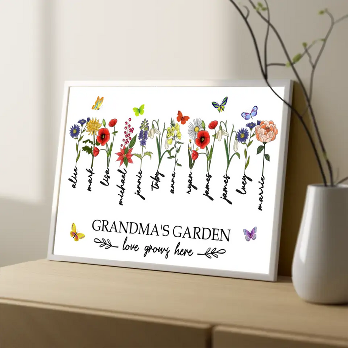 Grandma's Garden Love Grows Here Birth Flower Printable, Personalized Gift for Grandma, Family Birth Flower Bouquet, Mother's Day Gift, With Grandkids Names