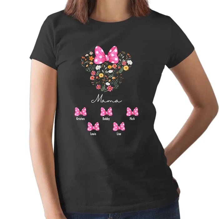 Mouse Ears Mama Flower - Personalized Mothers Day Shirts with Kids Name Shirt, Unique Gift for Mom