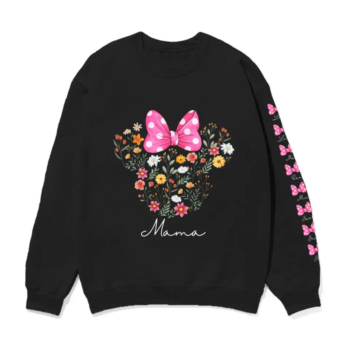 DN Mouse Mama Flower with Kid Names on Sleeve - Personalized Gifts Custom Sweatshirt for Mother, Unique Gift for Mom