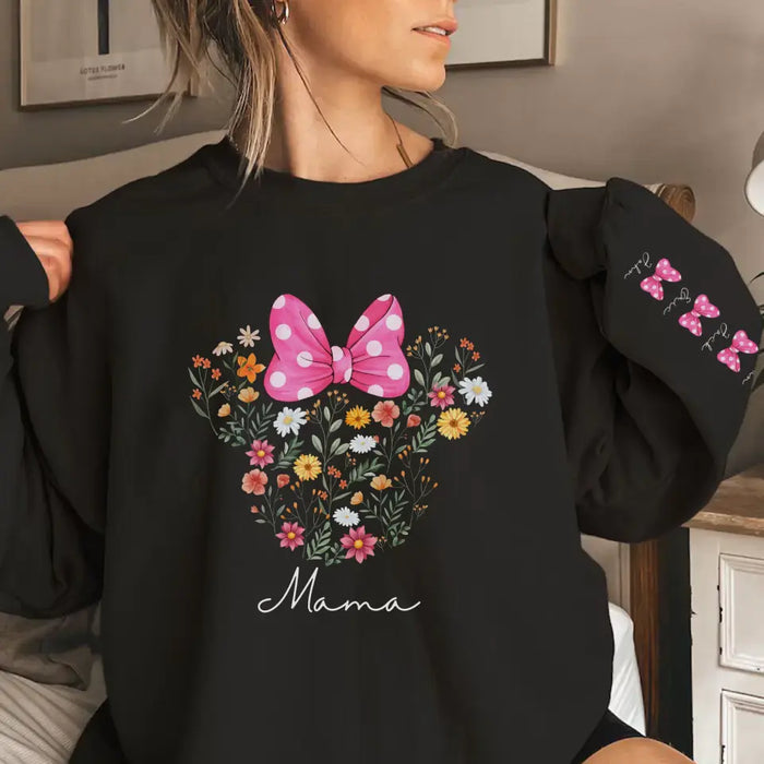 DN Mouse Mama Flower with Kid Names on Sleeve - Personalized Gifts Custom Sweatshirt for Mother, Unique Gift for Mom