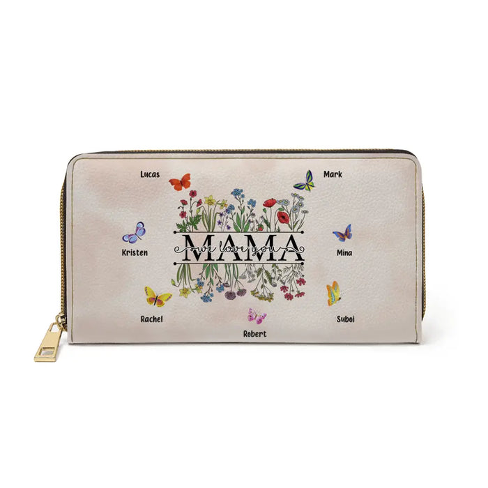 Mama We Love You - Personalized Gifts Custom Kids Name Wallet For Mom Grandma, Butterflies with Flowers Wallet