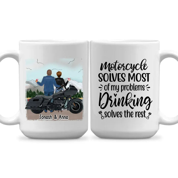 Motorcycle Solves Most of My Problems, Drinking Solves the Rest - Personalized Gifts Custom Motorcycle Mug for Couples, Motorcycle Lovers