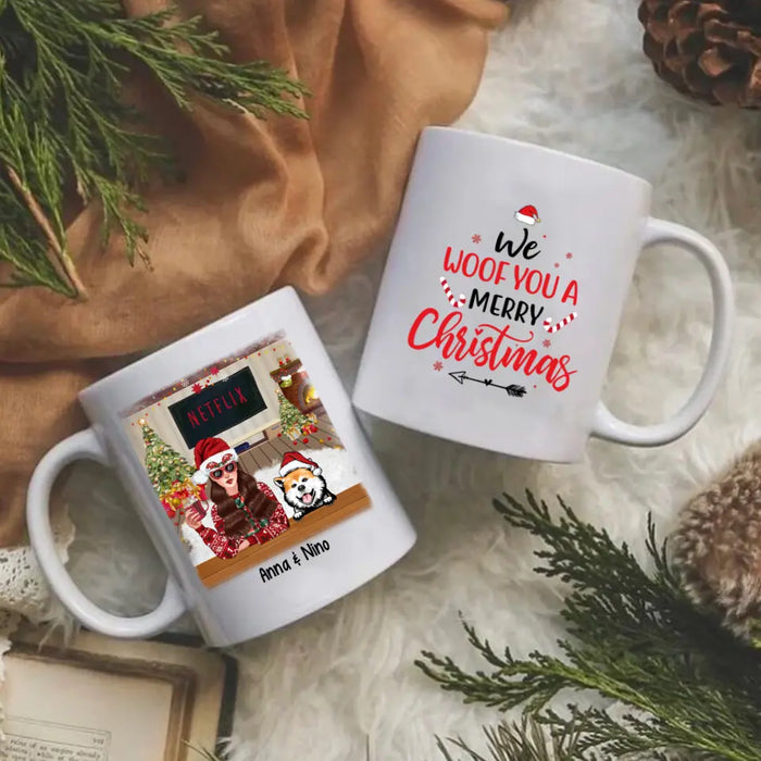 Personalized Mug, Up To 4 Dogs, We Woof You A Merry Christmas, Christmas Gift For Dog Lovers