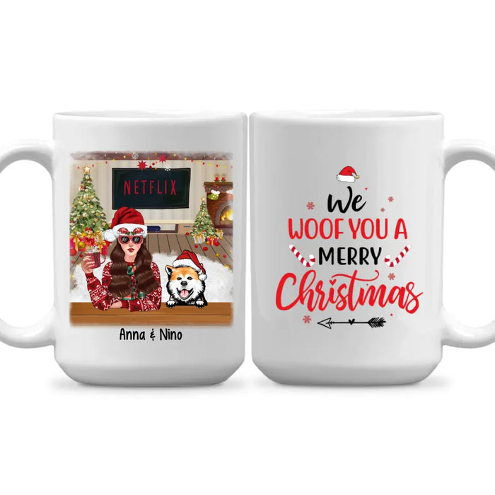 Personalized Mug, Up To 4 Dogs, We Woof You A Merry Christmas, Christmas Gift For Dog Lovers