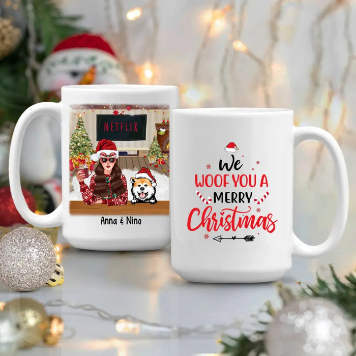 Personalized Mug, Up To 4 Dogs, We Woof You A Merry Christmas, Christmas Gift For Dog Lovers