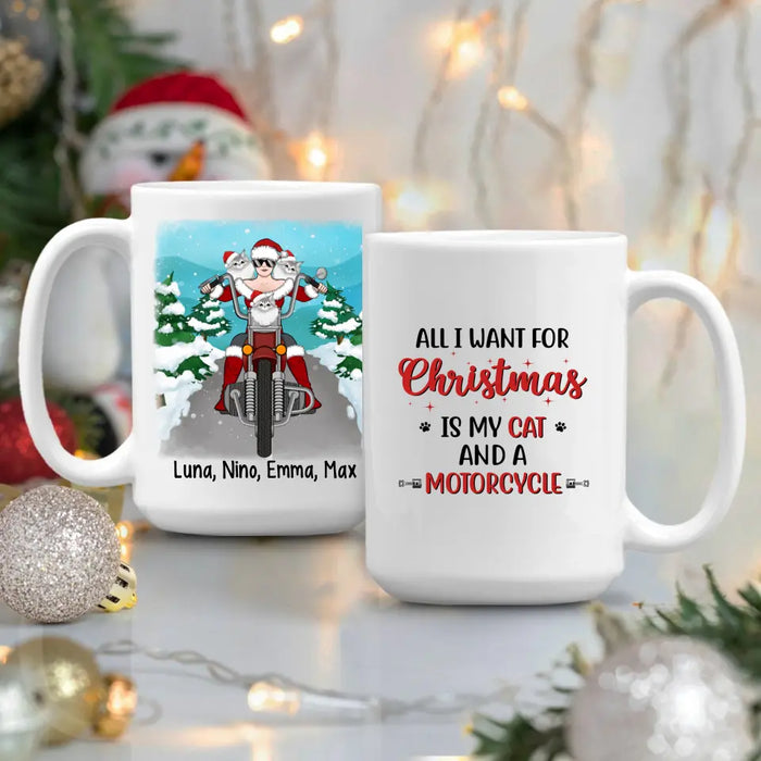 Personalized Mug, Motorcycle Girl With Cats, Christmas Gift For Bikers And Cat Lovers