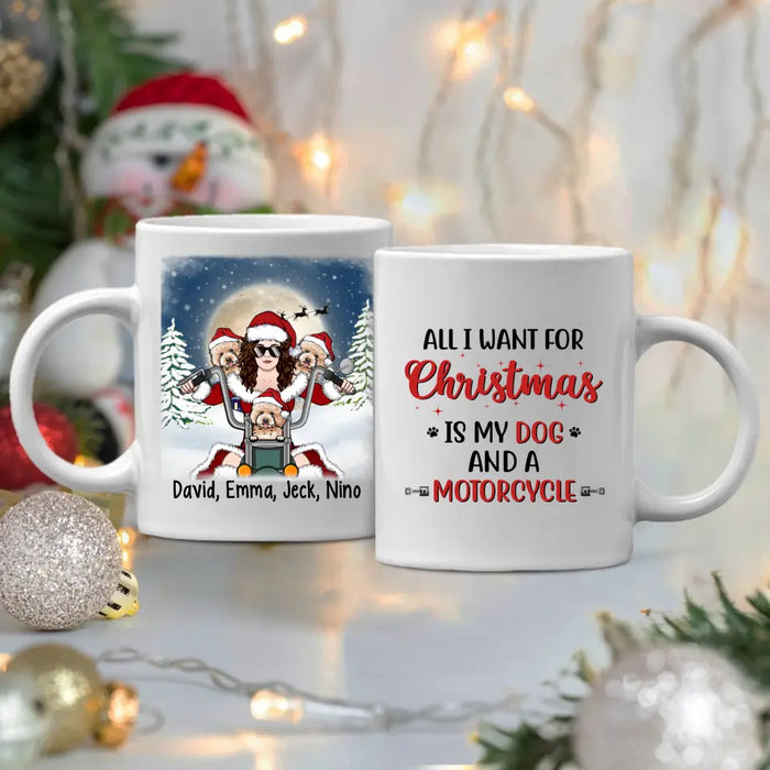 Personalized Mug, Motorcycle Woman With Dogs, Christmas Gift For Bikers And Dog Lovers