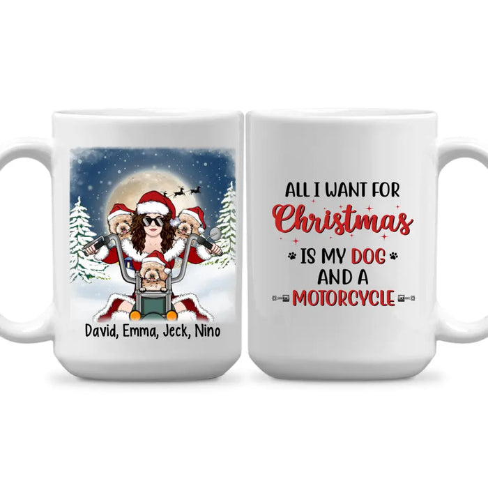 Personalized Mug, Motorcycle Woman With Dogs, Christmas Gift For Bikers And Dog Lovers