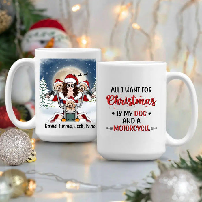 Personalized Mug, Motorcycle Woman With Dogs, Christmas Gift For Bikers And Dog Lovers