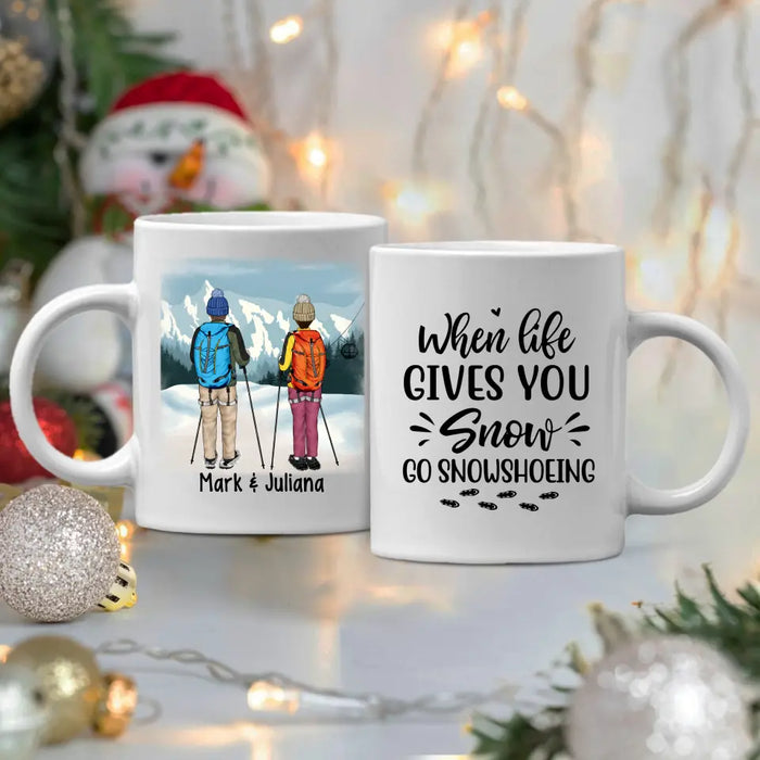 Personalized Mug, Snowshoeing Couple and Friends, Gift for Snowshoeing Lovers