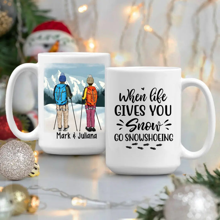 Personalized Mug, Snowshoeing Couple and Friends, Gift for Snowshoeing Lovers