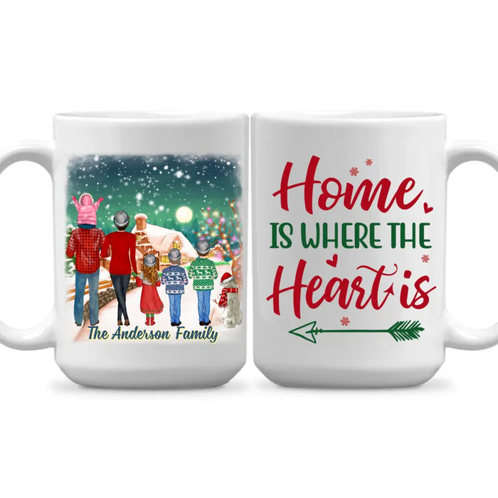 Personalized Ceramic Mug, Christmas Family Standing with Dog, Christmas Gift For Family and Dog Lovers