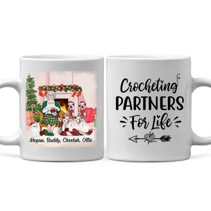 Personalized Mug, Up To 3 Pets, Crocheting Partners For Life, Chirtsmas Gift For Crocheting Lovers, Dog Lovers, Cat Lovers