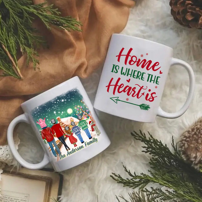 Personalized Ceramic Mug, Christmas Family Standing with Dog, Christmas Gift For Family and Dog Lovers