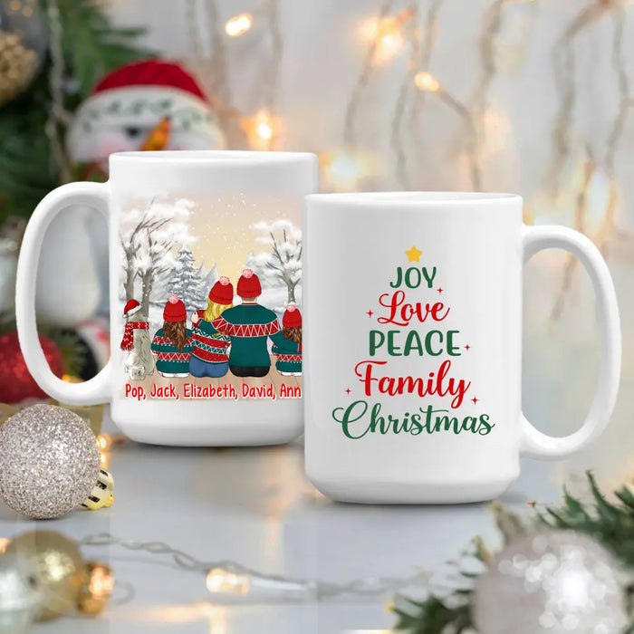 Personalized Ceramic Mug, Joy Love Peace Family Christmas, Christmas Gift For Whole Family