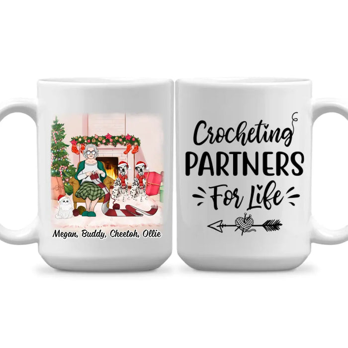 Personalized Mug, Up To 3 Pets, Crocheting Partners For Life, Chirtsmas Gift For Crocheting Lovers, Dog Lovers, Cat Lovers