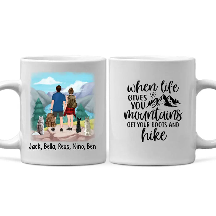 Personalized Mug, Hiking Couple With Dogs, Gift For Hikers And Dog Lovers