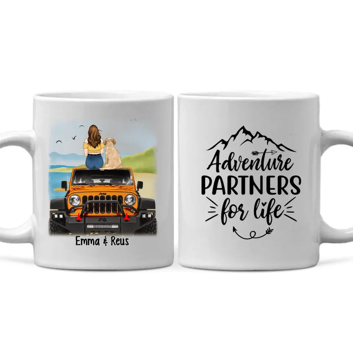 Personalized Mug, Girl With Pets Sitting On Car - Adventure Partners For Life, Gift For Car Lovers, Dog Lovers, Cat Lovers