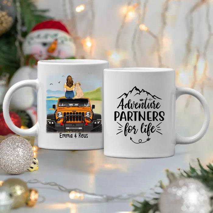 Personalized Mug, Girl With Pets Sitting On Car - Adventure Partners For Life, Gift For Car Lovers, Dog Lovers, Cat Lovers