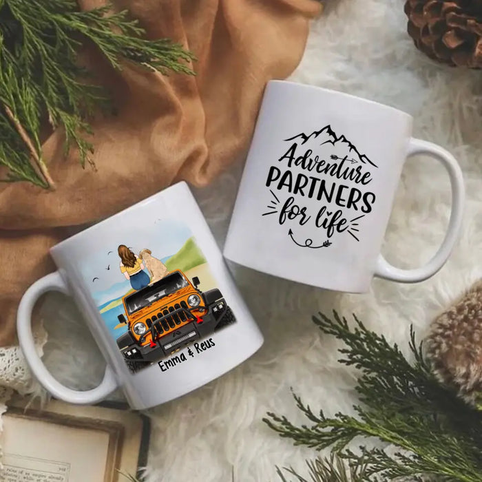 Personalized Mug, Girl With Pets Sitting On Car - Adventure Partners For Life, Gift For Car Lovers, Dog Lovers, Cat Lovers