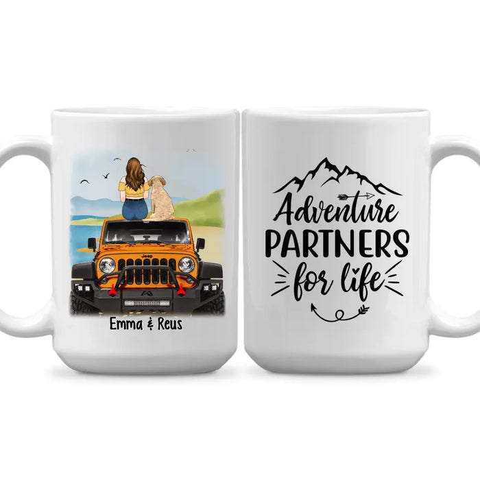 Personalized Mug, Girl With Pets Sitting On Car - Adventure Partners For Life, Gift For Car Lovers, Dog Lovers, Cat Lovers