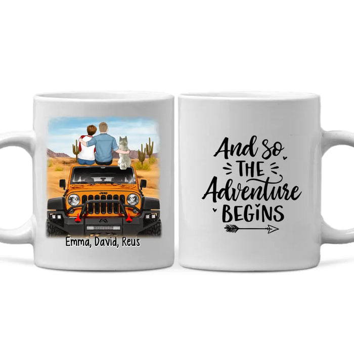 Personalized Mug, Couple With Pets Sitting On Car - And So The Adventure Begins, Gift For Couple, Car Lovers, Dog Lovers, Cat Lovers