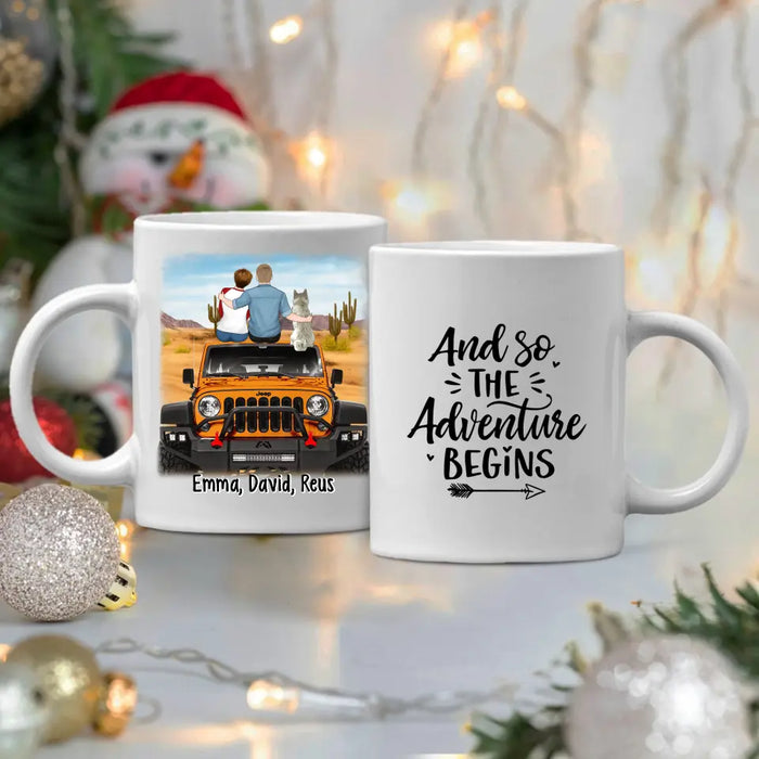 Personalized Mug, Couple With Pets Sitting On Car - And So The Adventure Begins, Gift For Couple, Car Lovers, Dog Lovers, Cat Lovers