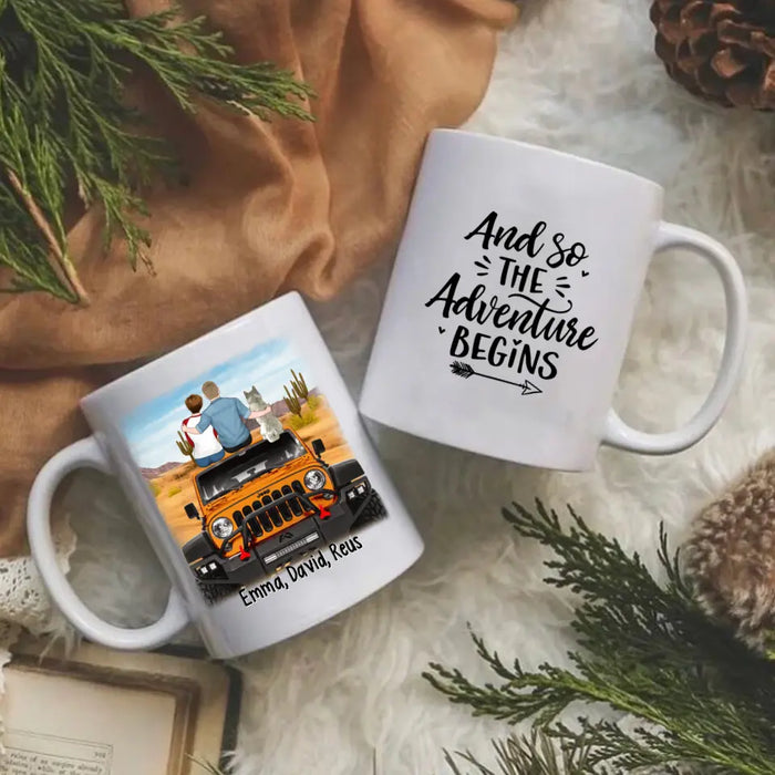 Personalized Mug, Couple With Pets Sitting On Car - And So The Adventure Begins, Gift For Couple, Car Lovers, Dog Lovers, Cat Lovers