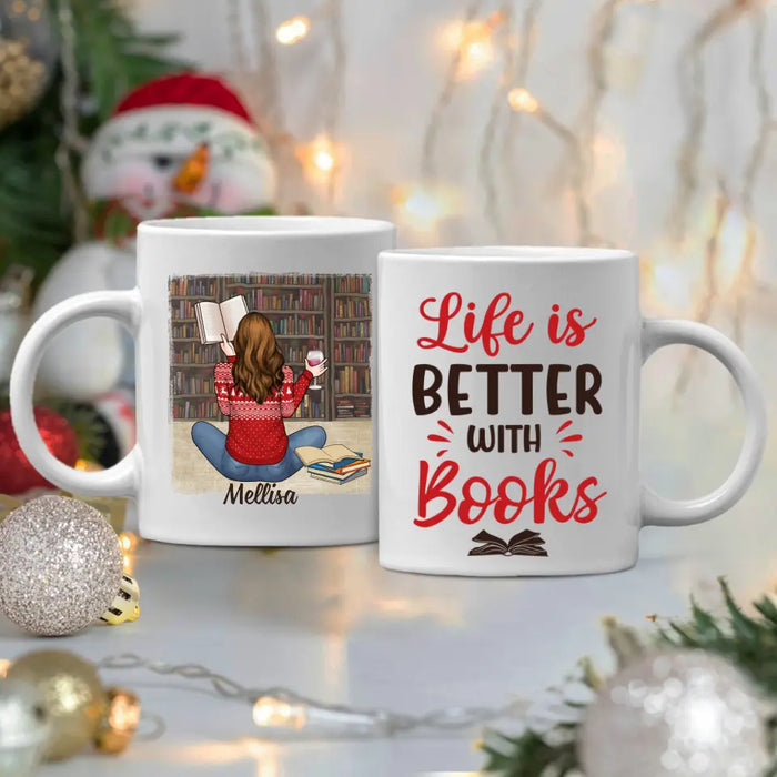 Personalized Mug, Gift For Book Lovers, Girl Reading And Drinking, Life Is Better With Books