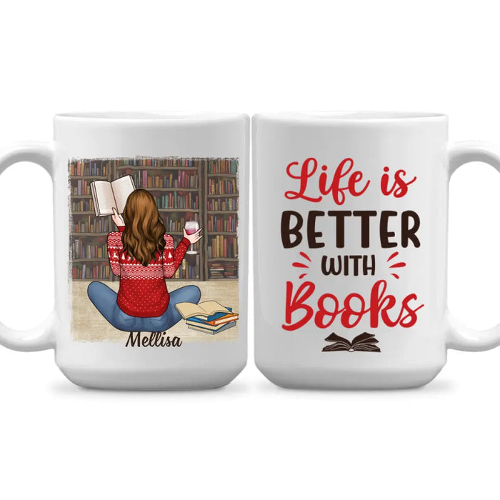 Personalized Mug, Gift For Book Lovers, Girl Reading And Drinking, Life Is Better With Books