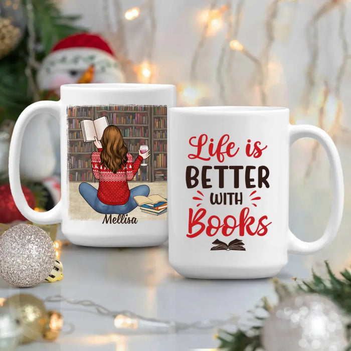 Personalized Mug, Gift For Book Lovers, Girl Reading And Drinking, Life Is Better With Books