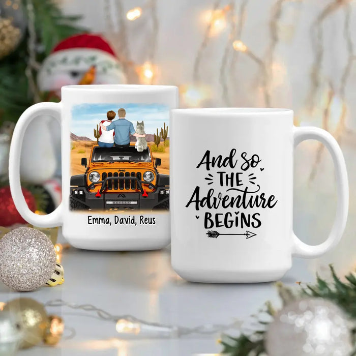 Personalized Mug, Couple With Pets Sitting On Car - And So The Adventure Begins, Gift For Couple, Car Lovers, Dog Lovers, Cat Lovers