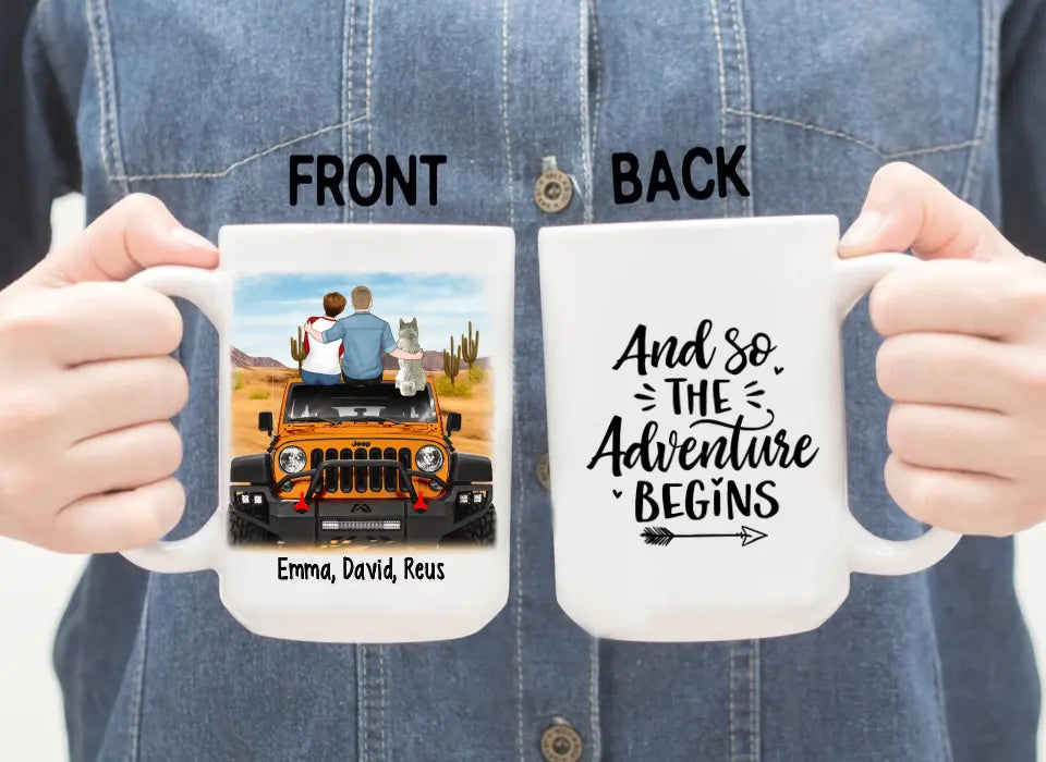 Personalized Mug, Couple With Pets Sitting On Car - And So The Adventure Begins, Gift For Couple, Car Lovers, Dog Lovers, Cat Lovers