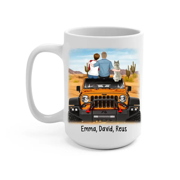 Personalized Mug, Couple With Pets Sitting On Car - And So The Adventure Begins, Gift For Couple, Car Lovers, Dog Lovers, Cat Lovers