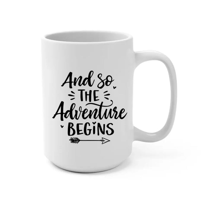 Personalized Mug, Couple With Pets Sitting On Car - And So The Adventure Begins, Gift For Couple, Car Lovers, Dog Lovers, Cat Lovers