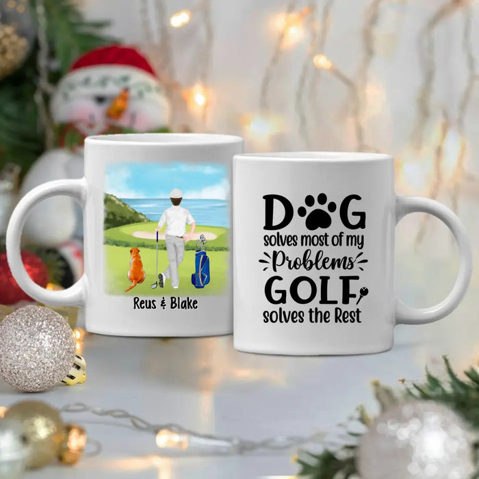 Personalized Mug, Golf Man With Dogs, Dog Solves Most Of My Problems Golf Solves The Rest, Gift For Golfers And Dog Lovers