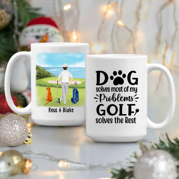 Personalized Mug, Golf Man With Dogs, Dog Solves Most Of My Problems Golf Solves The Rest, Gift For Golfers And Dog Lovers