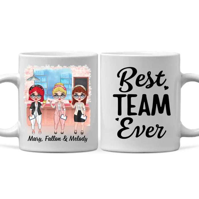 Personalized Mug, Up To 3 Women, Gift For Sisters, Friends, Colleagues, Best Team Ever, Chibi Coworkers At Cocktail Bar